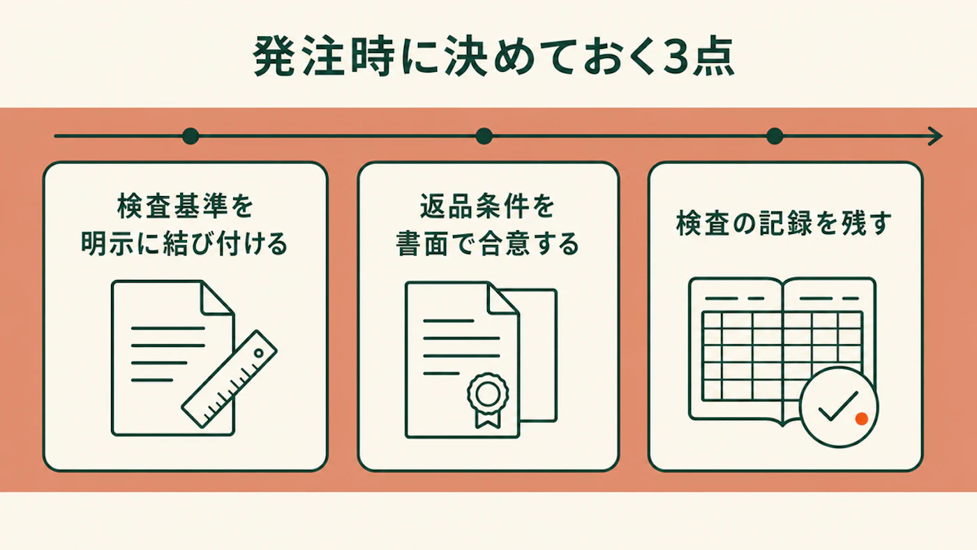 発注時に決めておく3点として、検査基準を明示に結び付ける、返品条件を書面で合意する、検査の記録を残すの3枚のカードを時間軸の帯の上に並べた図