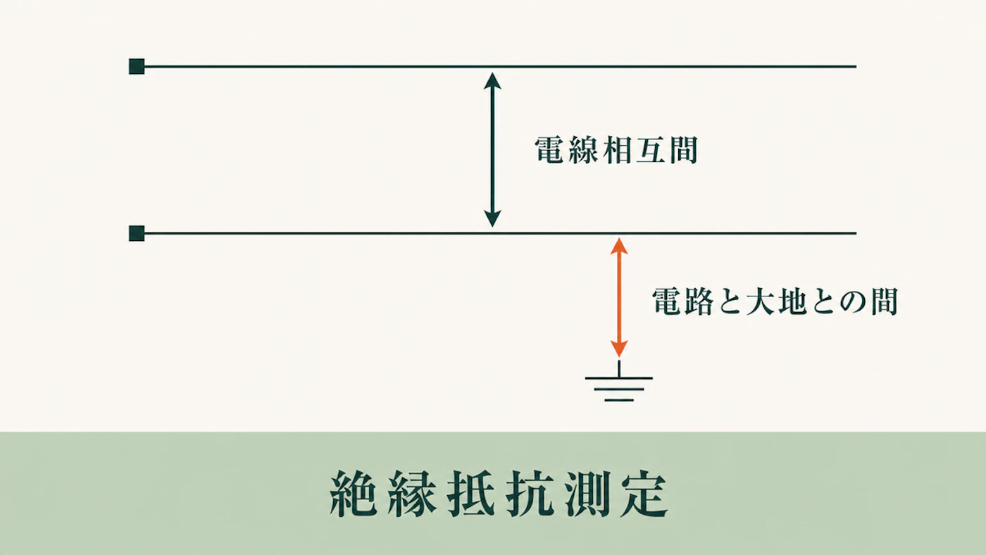 2本の電線を表す水平線と接地記号を描いた図。電線どうしの間を指す矢印に「電線相互間」、下側の電線と接地記号の間を指す矢印に「電路と大地との間」の文字があり、下部の帯に「絶縁抵抗測定」と書かれている