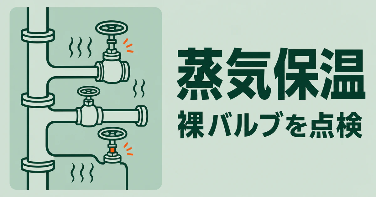 蒸気保温、裸バルブを点検という見出しを載せた蒸気配管の図版