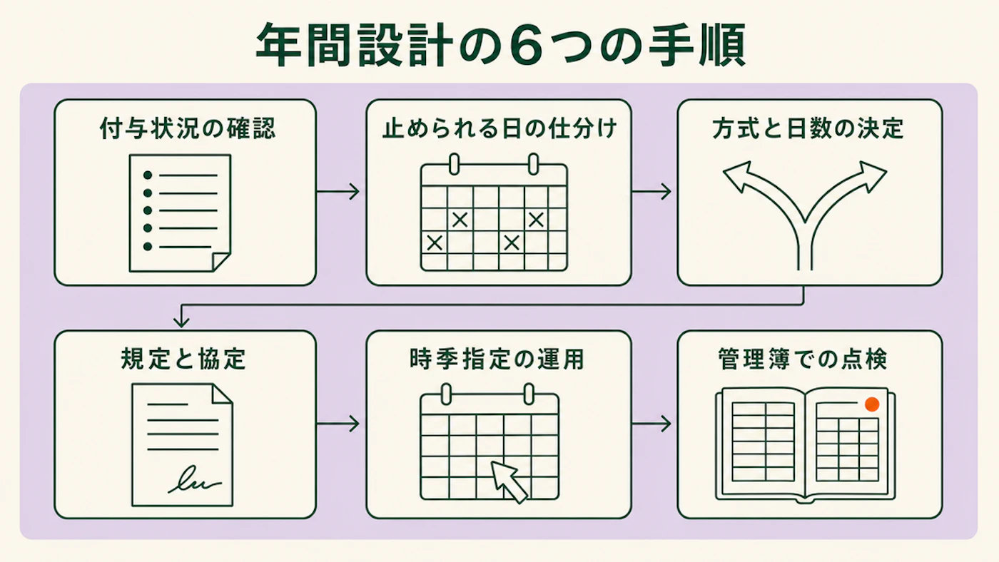 年間設計の6つの手順を、付与状況の確認から管理簿での点検まで順に並べた流れ図