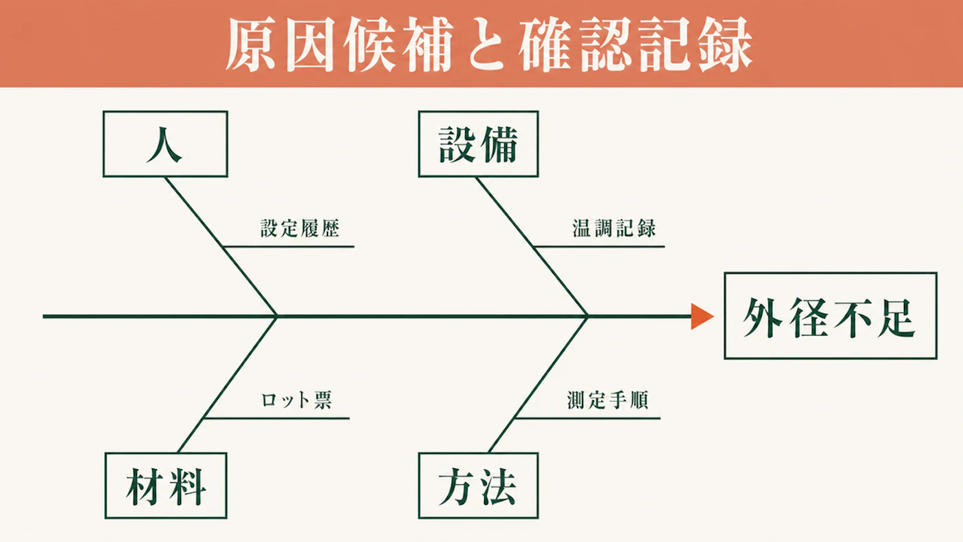 外径不足を右端に置き、人・設備・材料・方法の四つの大骨へ原因候補と確認記録を分けた特性要因図