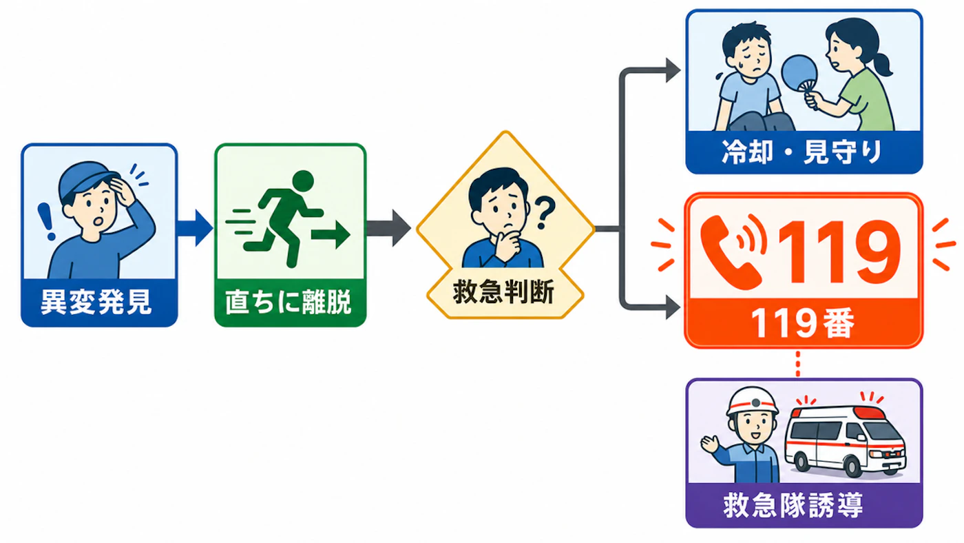 熱中症の疑いを発見して救急判断へ分岐し、119番要請と冷却見守りを並行する流れ図