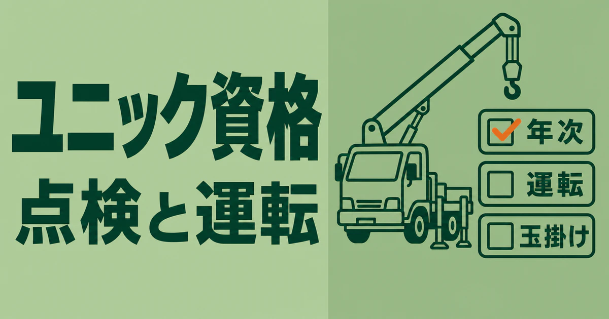 車載クレーンとチェックリストで、ユニック車の年次点検と運転資格を示した図