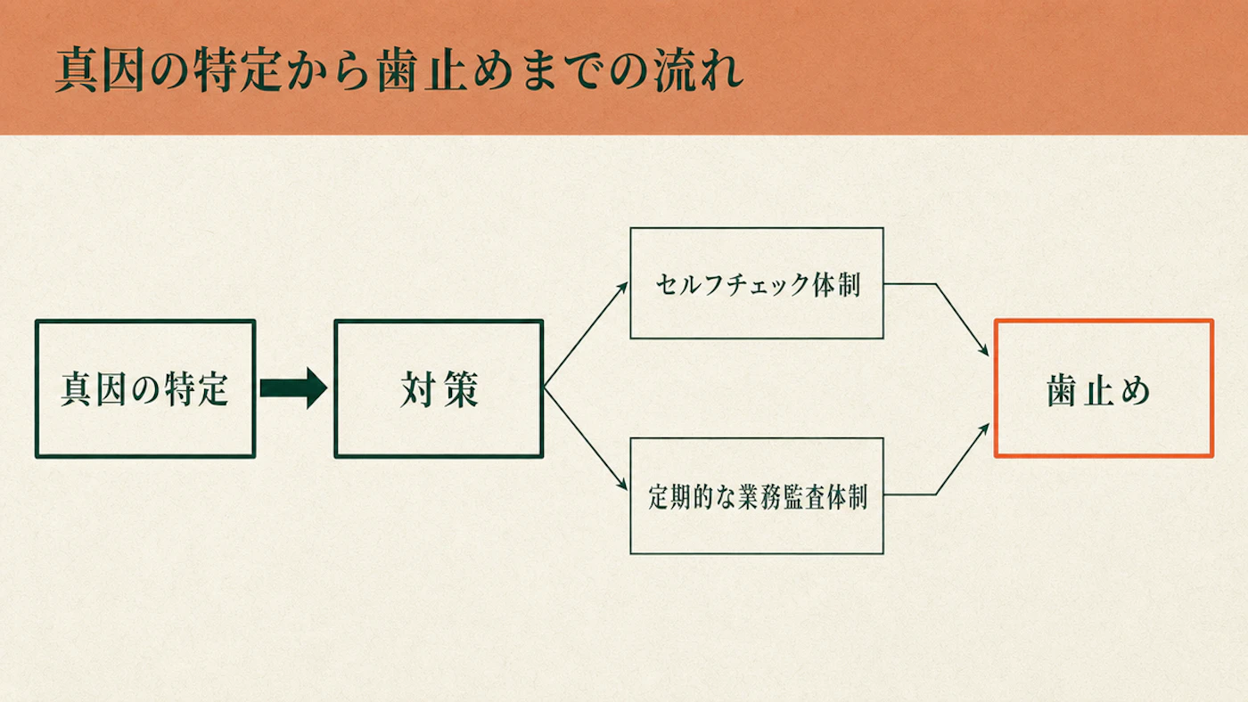 真因の特定から、重要度に応じて選択・組み合わせる歯止め（セルフチェック体制・定期的な業務監査体制）までの流れを示した図