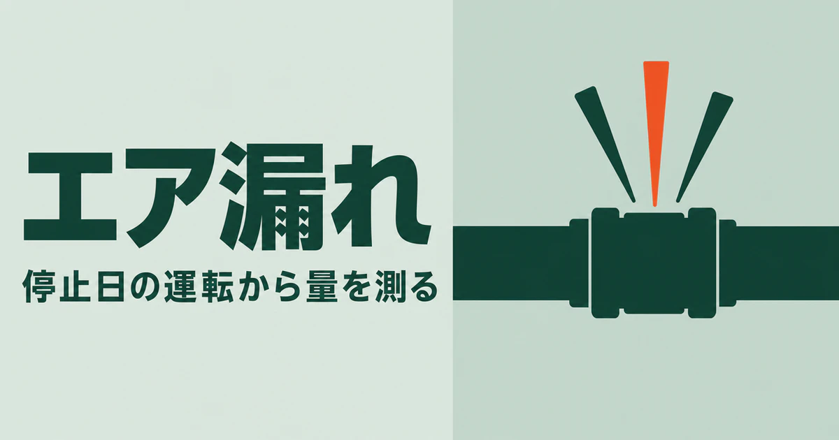 コンプレッサのエア漏れの記事のサムネイル。淡い緑灰の背景に「エア漏れ」「停止日の運転から量を測る」の文字と、継手から空気が抜ける配管の図