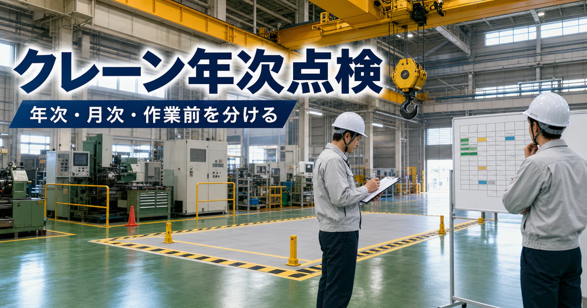 クレーン年次点検で年次、月次、作業前を分けて管理することを示した図