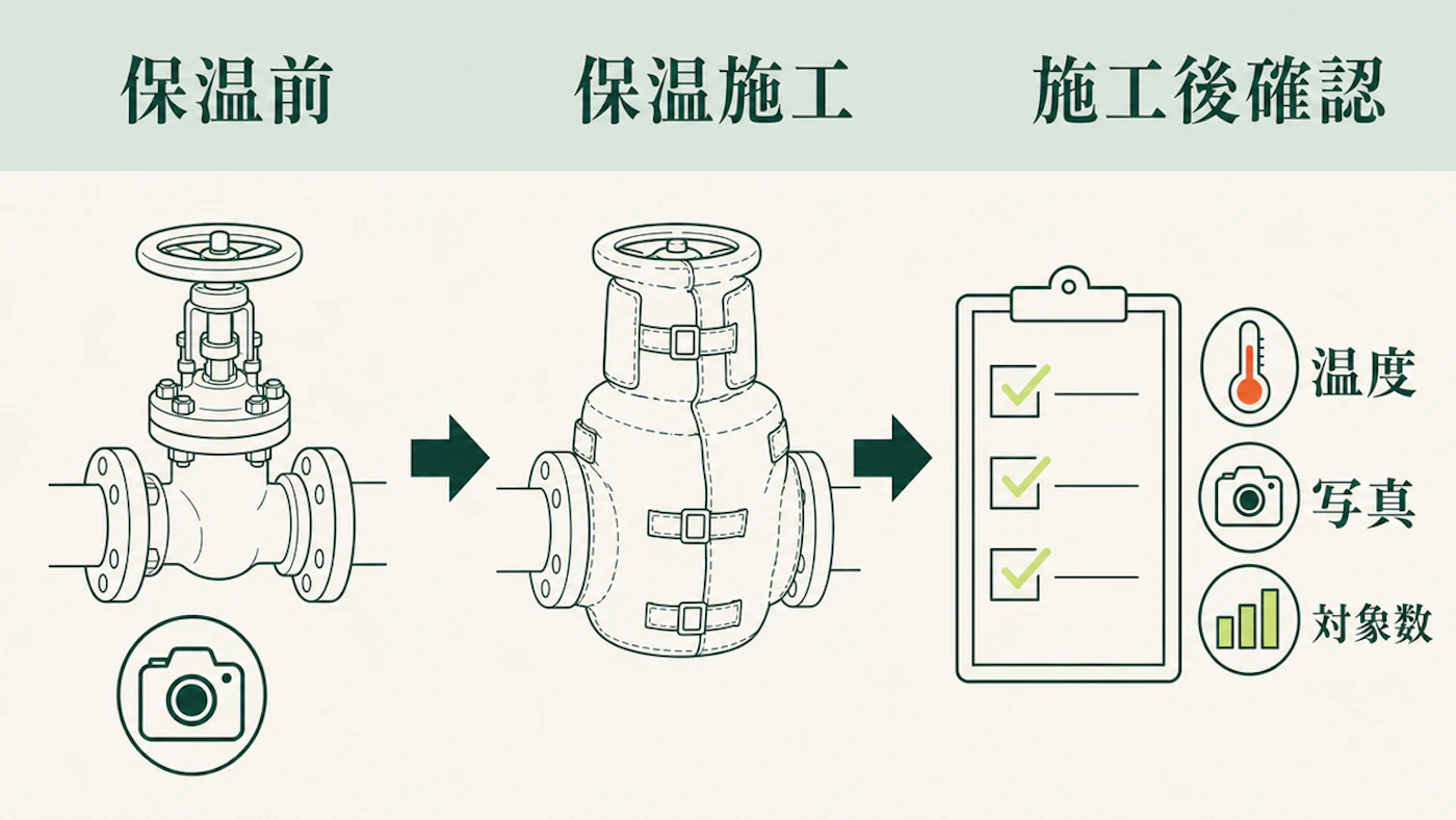 保温前、保温施工、施工後確認の3段階で写真、表面温度、対象数を記録する点検フロー図