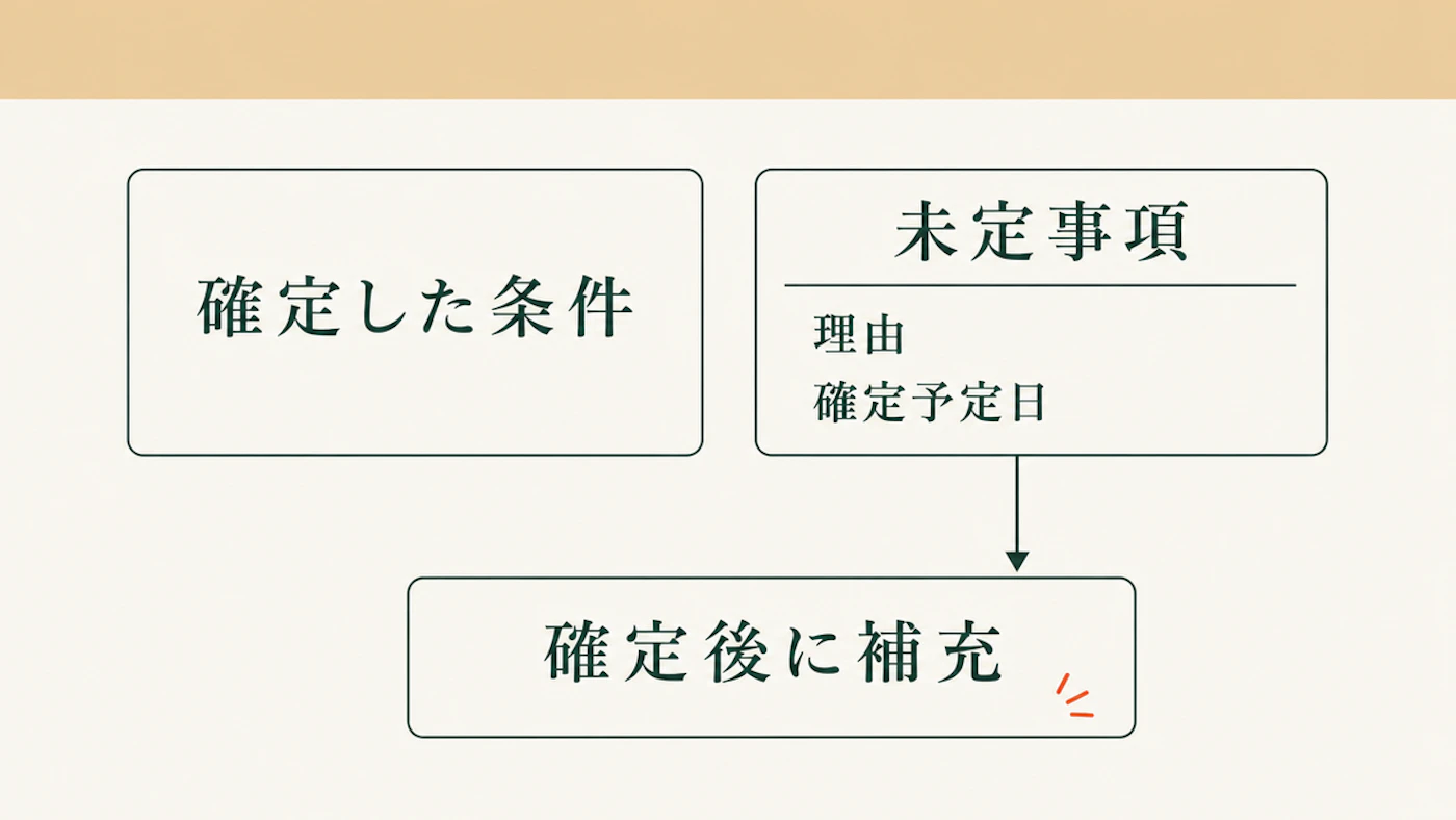 確定した条件と未定事項を分け、理由と確定予定日を記録して確定後に補充する流れ