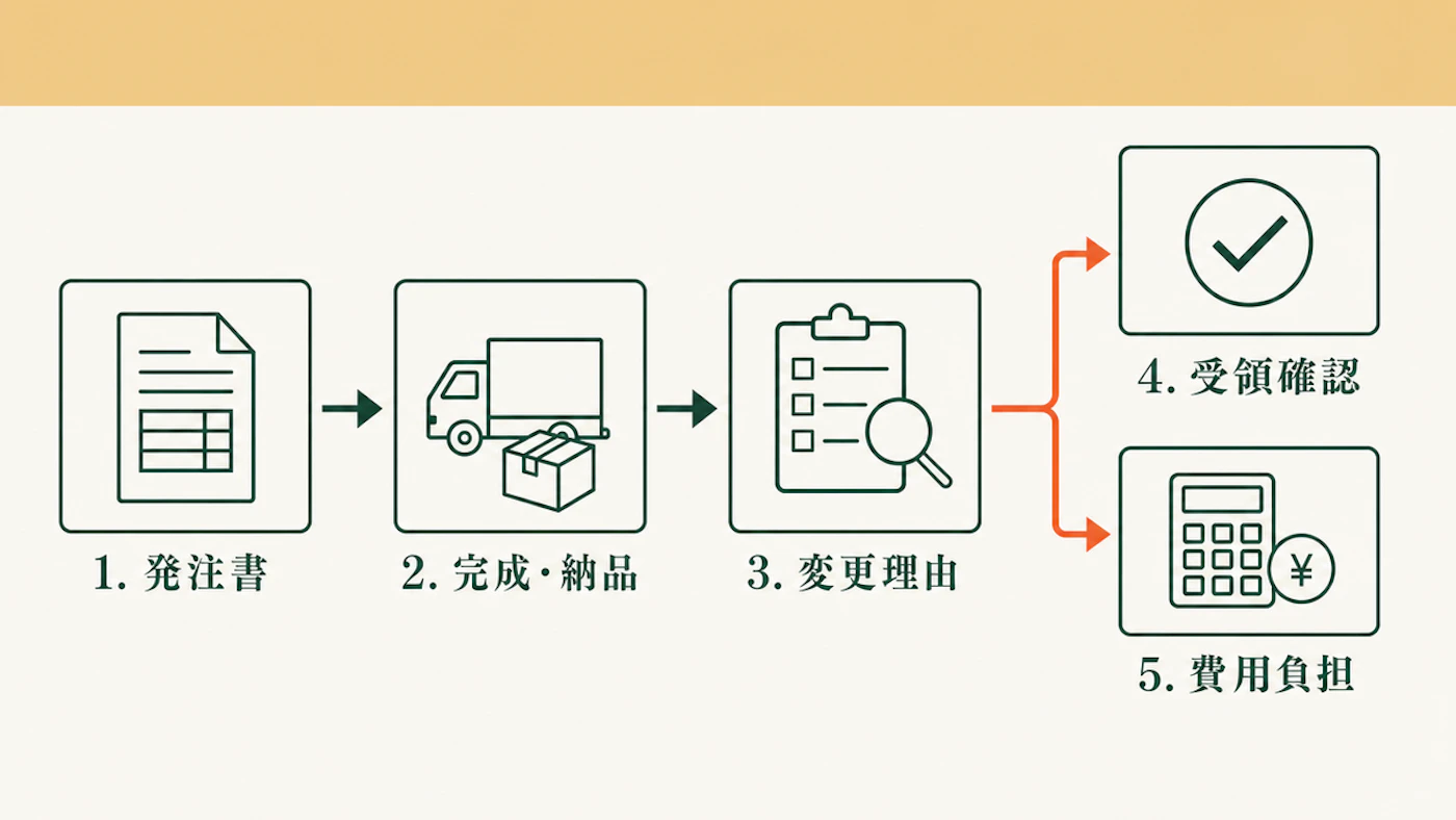 発注書、完成・納品、変更理由、受領と費用負担の確認の順に確認する分岐図