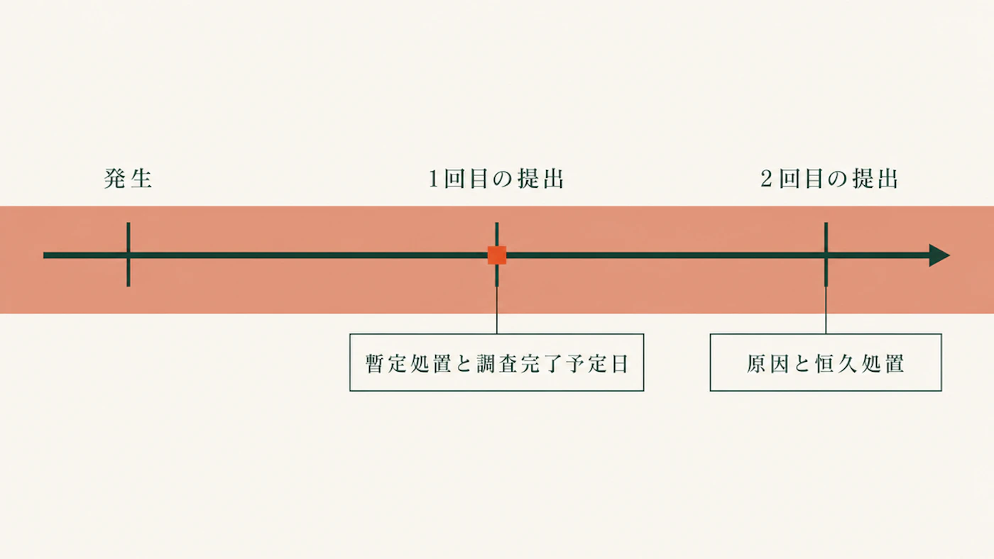 発生・1回目の提出・2回目の提出を1本の時間軸の目盛で示し、1回目に暫定処置と調査完了予定日、2回目に原因と恒久処置を添えた図