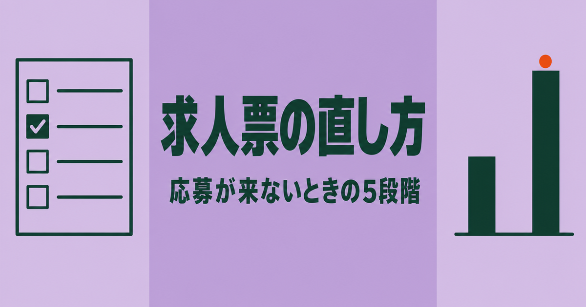 藤色の背景に、求人票のチェックリストと高低差のある2本の棒グラフを配し、「求人票の直し方 応募が来ないときの5段階」の文字を大きく示したイラスト