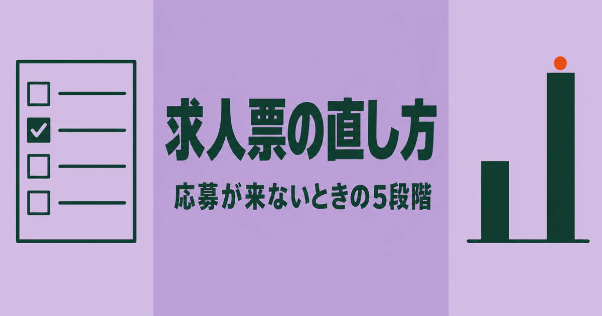 藤色の背景に、求人票のチェックリストと高低差のある2本の棒グラフを配し、「求人票の直し方 応募が来ないときの5段階」の文字を大きく示したイラスト