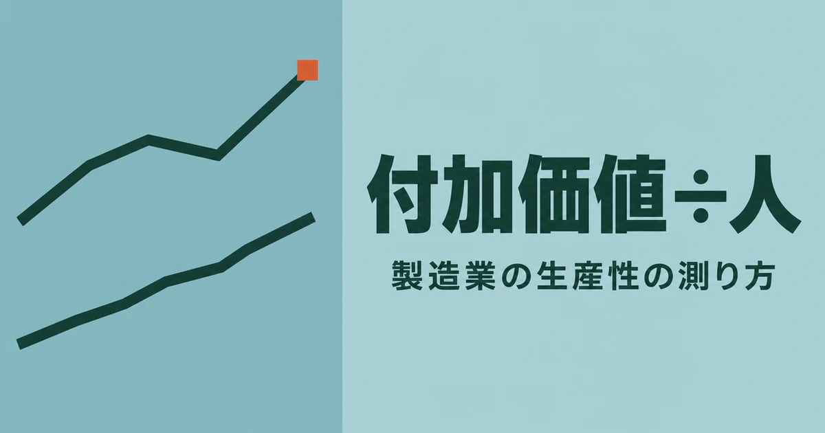 「付加価値÷人」「製造業の生産性の測り方」の2行を大きく置き、左に上下2本の右上がりの折れ線を並べた記事サムネイル