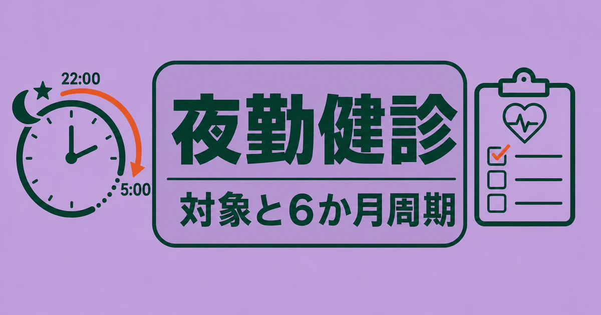 夜勤者の健康診断の対象と6か月周期を示す時計とチェックリストの図版