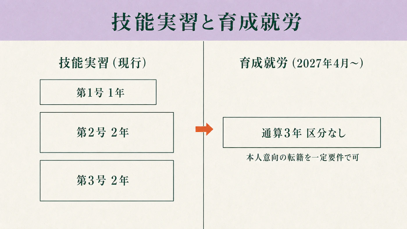 左に技能実習の第1号1年・第2号2年・第3号2年の3区分、右に育成就労の通算3年を並べ、区分の廃止と本人意向による転籍の追加を対比した図