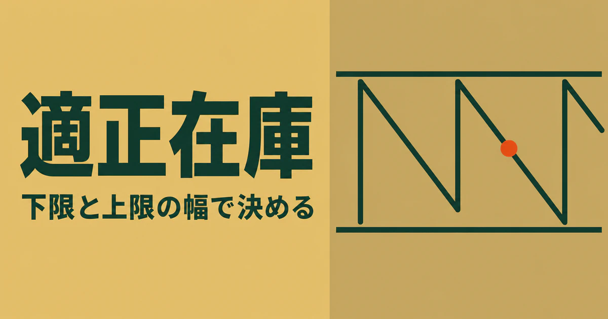 適正在庫の記事のサムネイル。麦色の背景に「適正在庫」「下限と上限の幅で決める」の文字と、在庫が上下するのこぎり波の図