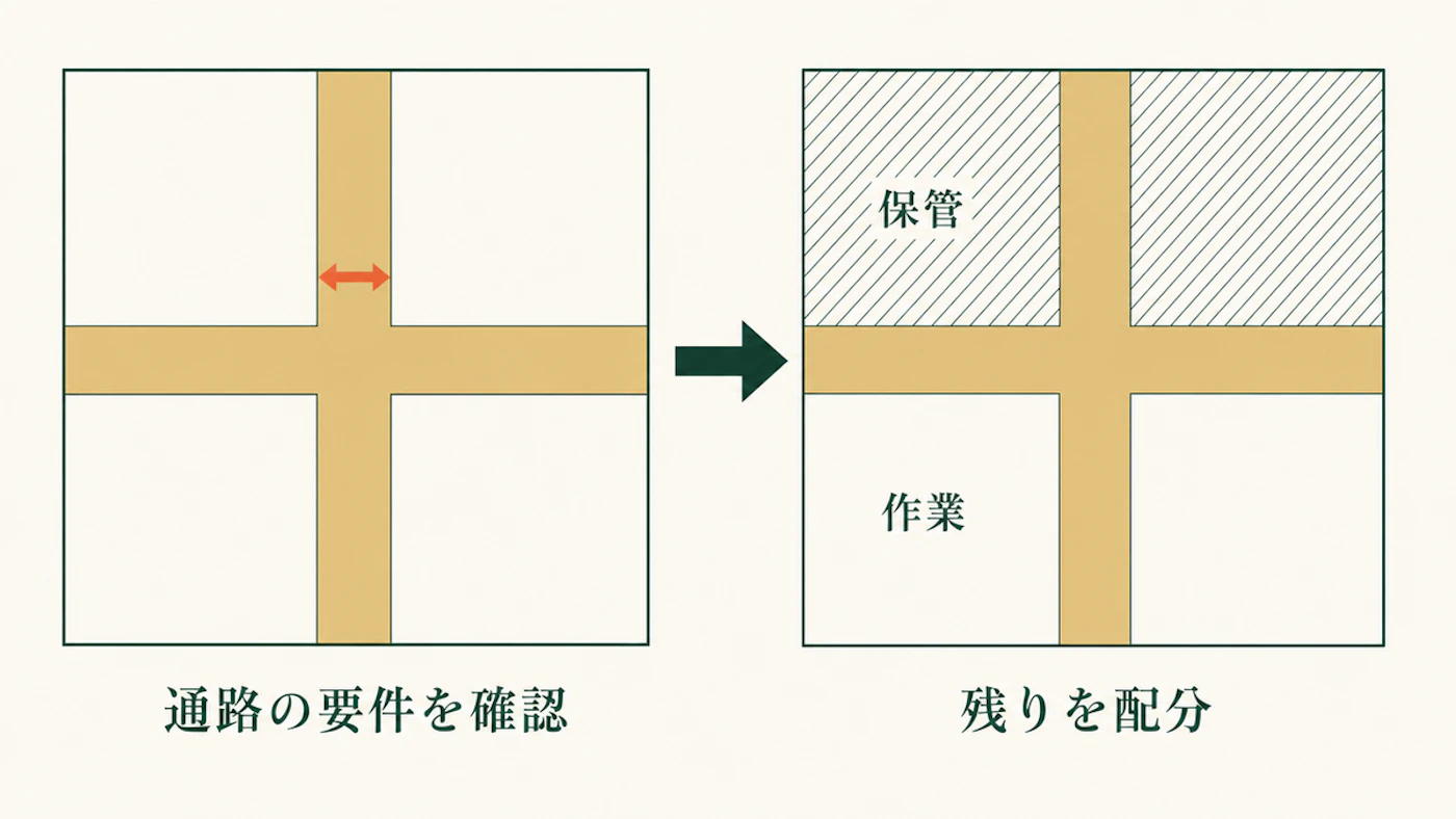 倉庫の平面図を2つ並べ、左は十字の通路帯だけを確保した状態、右は残った4区画を保管と作業へ振り分けた状態を示した模式図