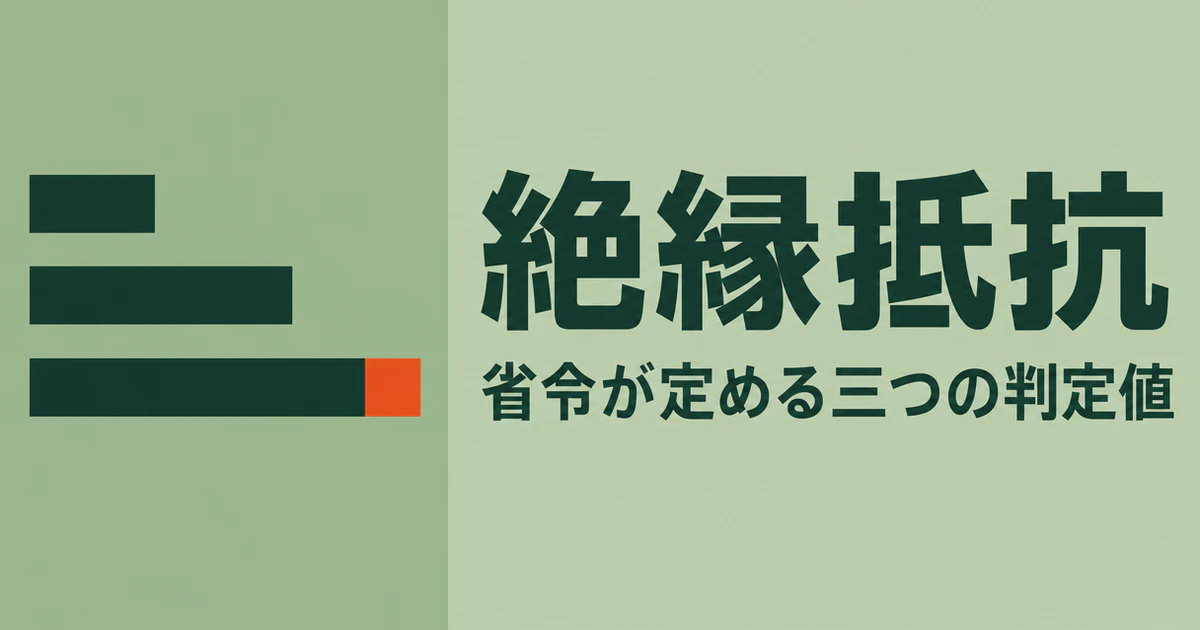 絶縁抵抗と書かれたサムネイル。左に長さの異なる3本の横棒、右に「絶縁抵抗」「省令が定める三つの判定値」の文字