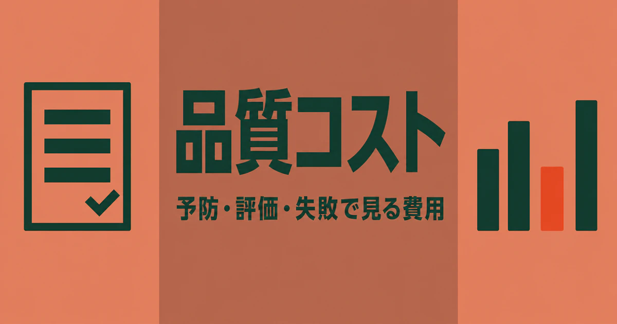 テラコッタ色の背景に「品質コスト 予防・評価・失敗で見る費用」の文字、左に台帳とチェックマークのアイコン、右に4本の棒グラフ（3本目のみオレンジ）を配した図版