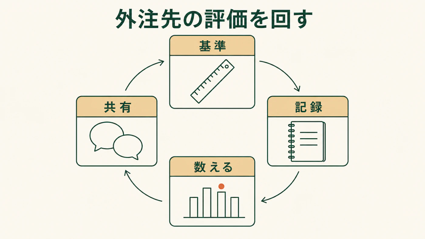 基準、記録、数える、共有の4つを矢印でつないで循環させた図