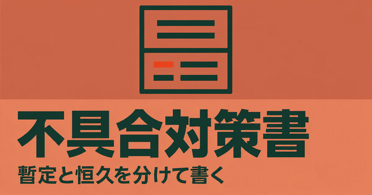 不具合対策書の記事のサムネイル。テラコッタの背景に「不具合対策書」「暫定と恒久を分けて書く」の文字と、上下2段に分かれた書面の図