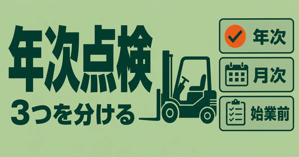 フォークリフト年次点検を年次、月次、始業前の3つに分けて管理することを示した図
