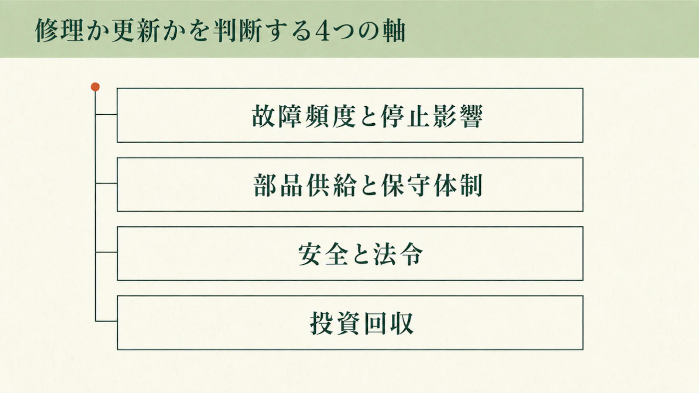 判断の4軸（故障頻度と停止影響・部品供給と保守体制・安全と法令・投資回収）を縦に4段のブロックで示した早見図