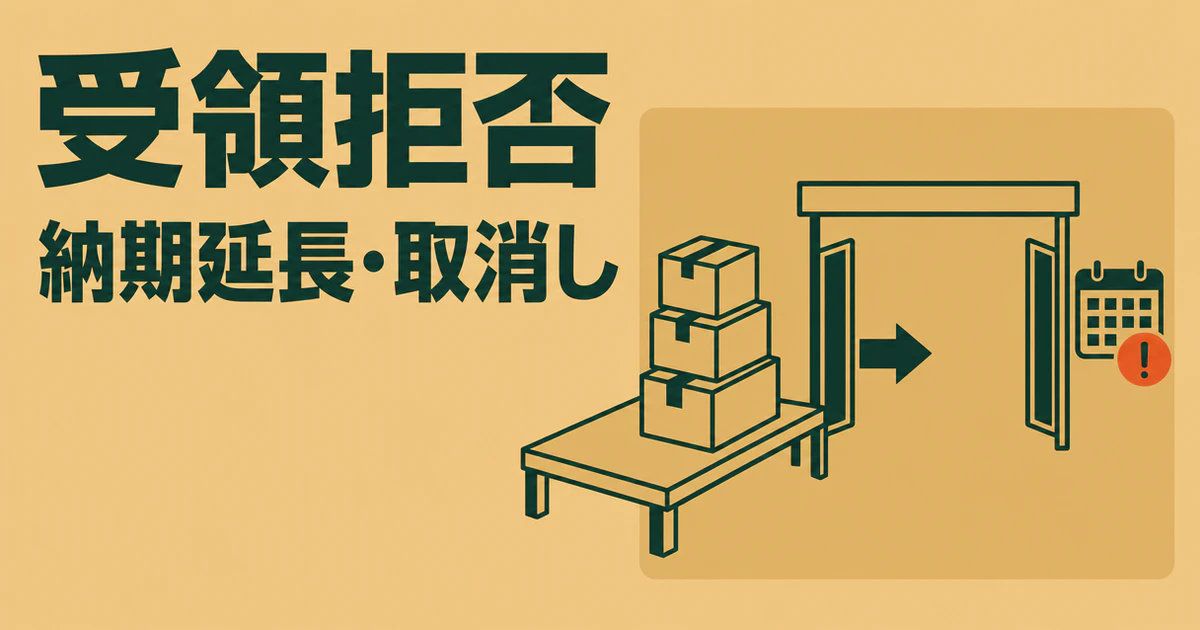 「受領拒否」「納期延長・取消し」の文字と、納品箱、受領ゲート、カレンダーの警告印を描いた記事サムネイル