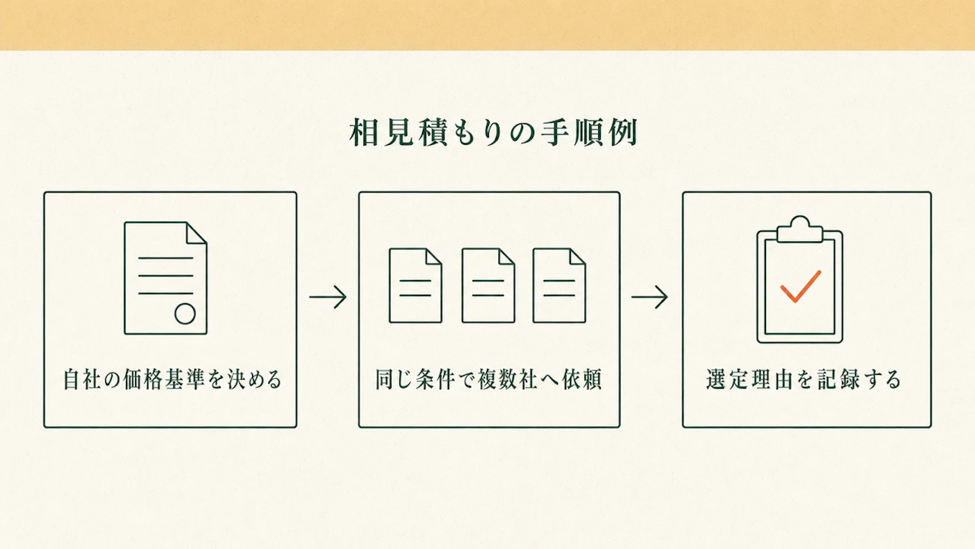 相見積もりの手順例を3つの箱で示した流れ図。左から、自社の価格基準を決める、同じ条件で複数社へ依頼、選定理由を記録する、と矢印でつながっている