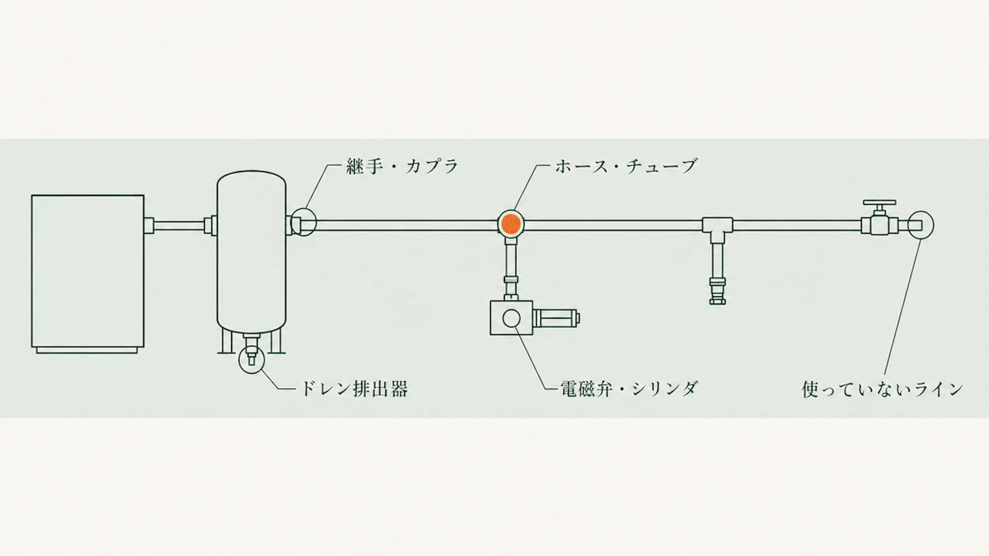 コンプレッサから配管、継手、ホース、電磁弁、ドレン排出器へ空気が流れる系統図に、先に確認したい5か所を丸印で示した図