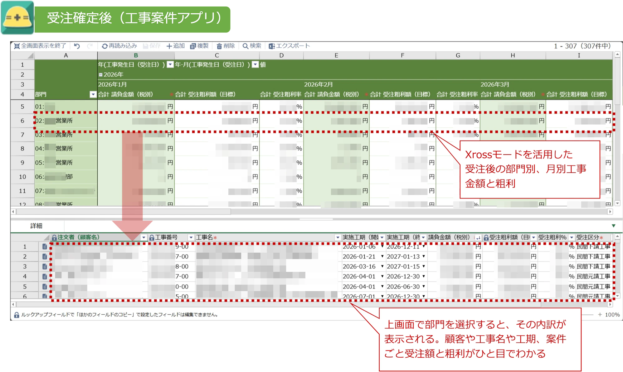 krewSheetを適用した株式会社KOEIの工事案件の一覧画面