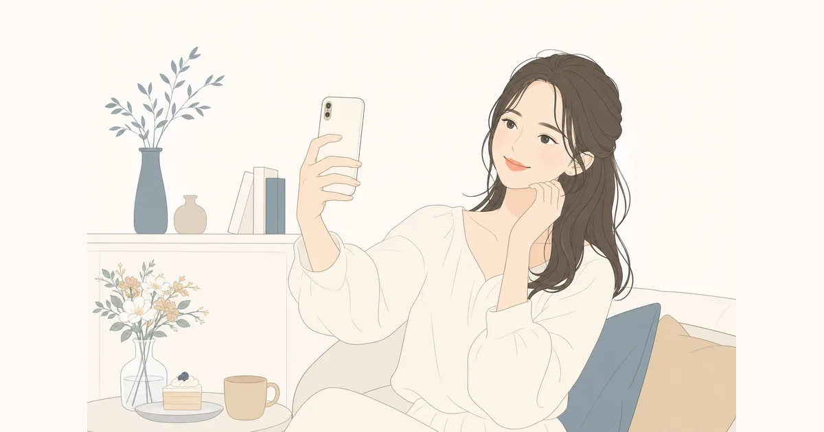 矯正中も自然に過ごす女性のイラスト（自宅でくつろぐ様子）