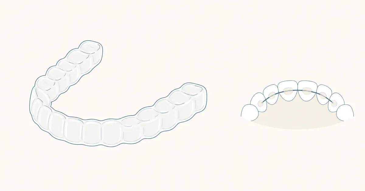 保定装置のイラスト（クリアリテーナーと裏側固定式リテーナー）