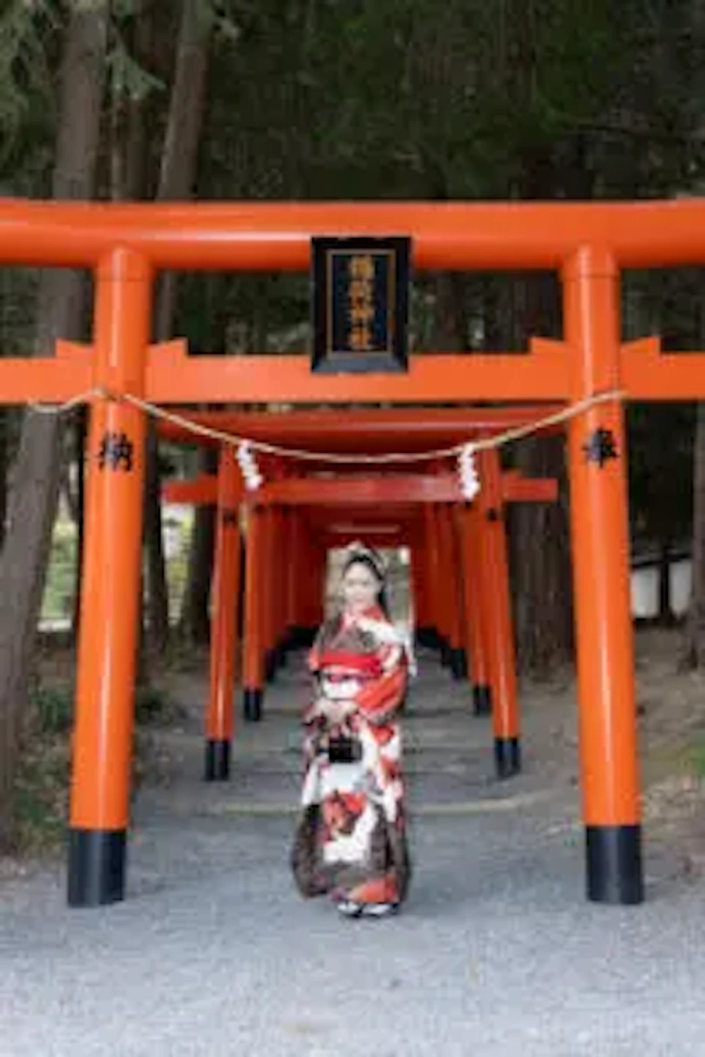 吉備津彦神社の朱色の鳥居が連なる参道で赤い振袖姿の女性が正面を向いて立っている