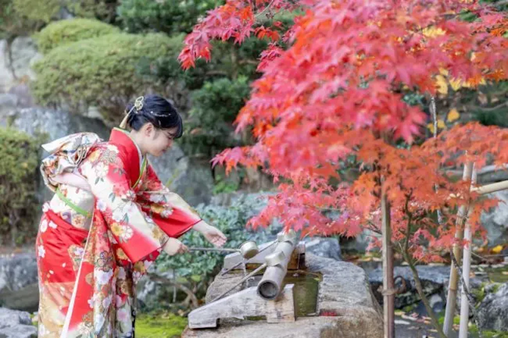 紅葉が色づく境内で、赤い振袖姿の新成人女性が吉備津神社の手水舎で丁寧に身を清めている様子