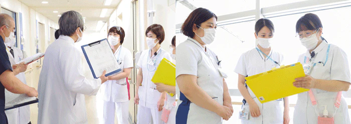 訪室後は患者さんの様子や言葉などを病棟看護師に報告・共有。その場で相談を受けることもある