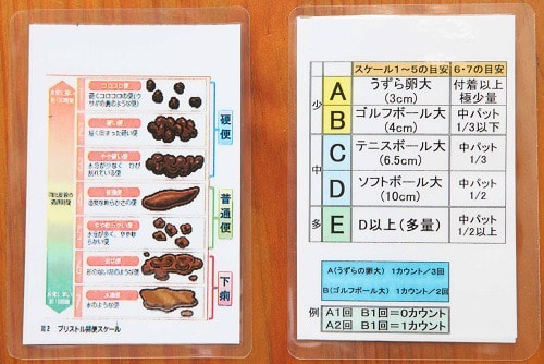 裏表の「排便スケール」。左がブルストルスケール、右がセントスケールの写真