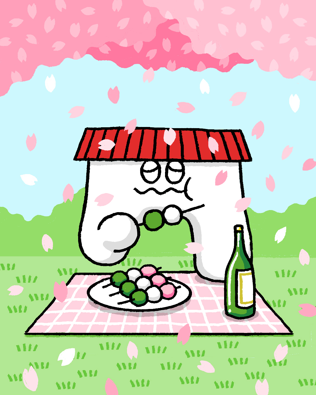 もんモンの暮らすまちでは 桜がちょうど見ごろだモン 花より団…
