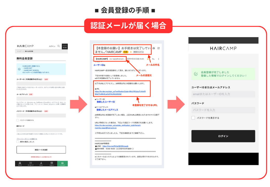 会員登録の手順 - 質問(詳細) ｜ HAIRCAMP（美容師向けオンライン学習サービス）