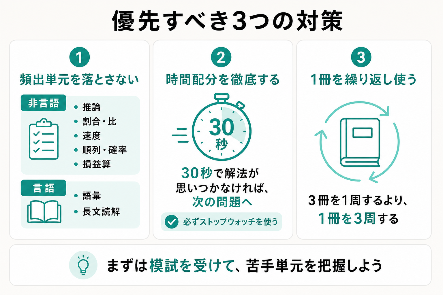 頻出単元・時間配分・教材の絞り込みというSPI対策の優先順位を示した図