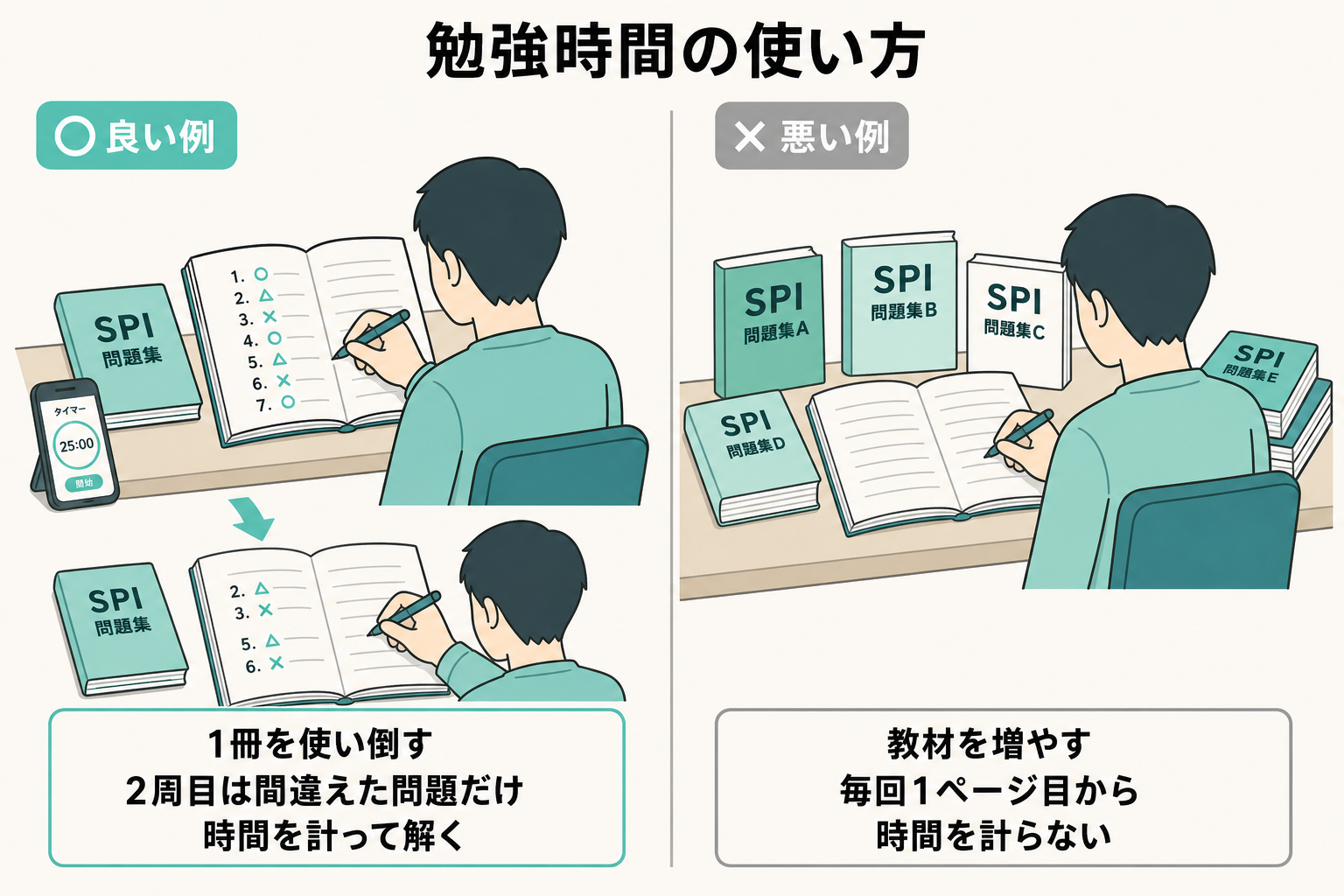 1冊を反復し時間を計る良い勉強法と、教材を増やし時間を計らない悪い勉強法の比較イラスト