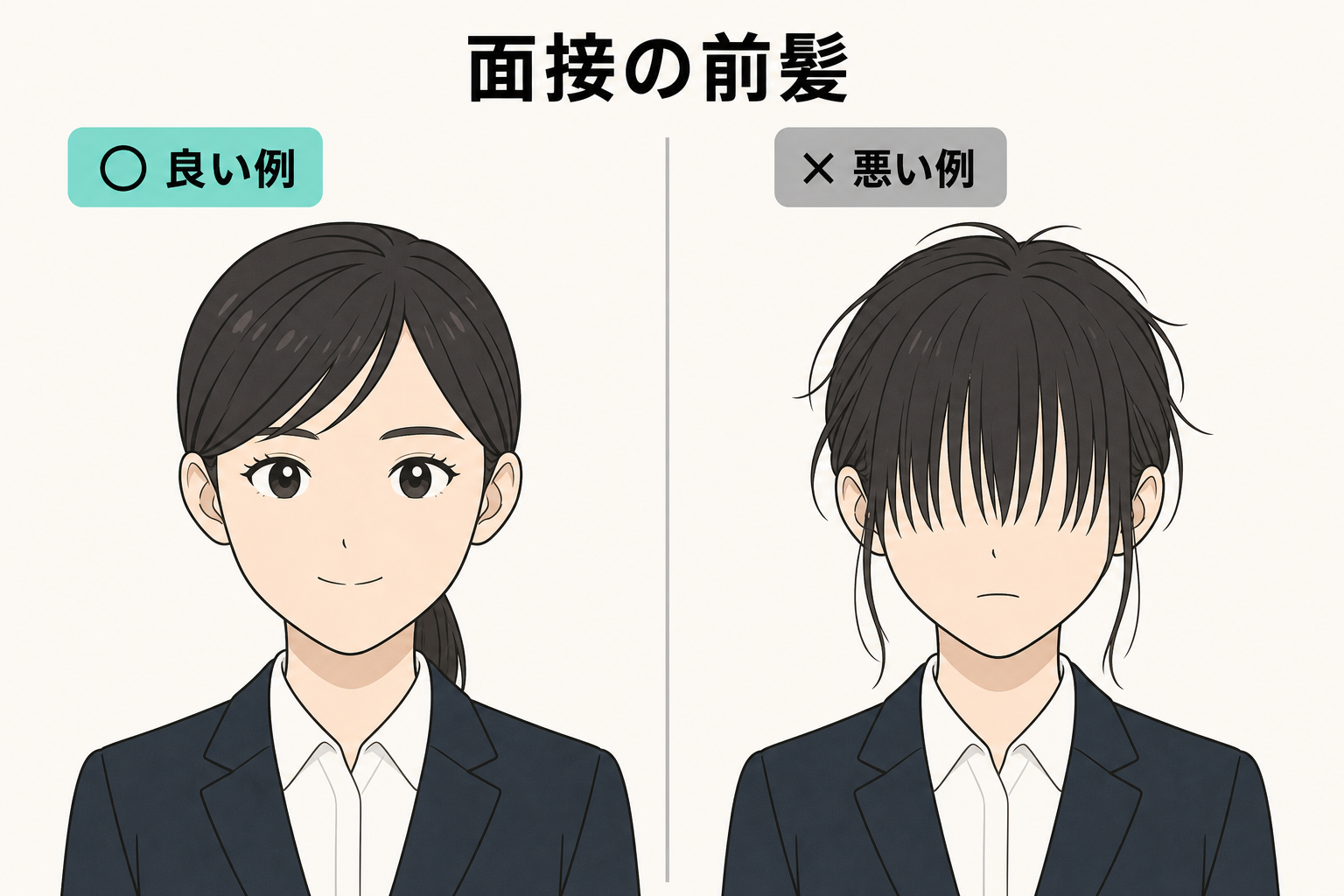 眉と目が見える前髪と目にかかる前髪をイラストで比較した図
