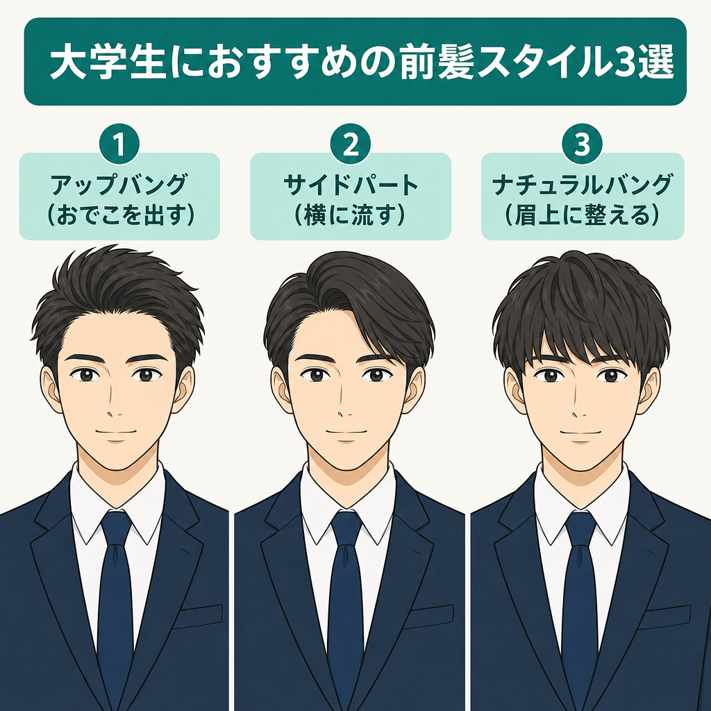 アップバング・七三分け・下ろし前髪の男性3スタイルを並べたイラスト