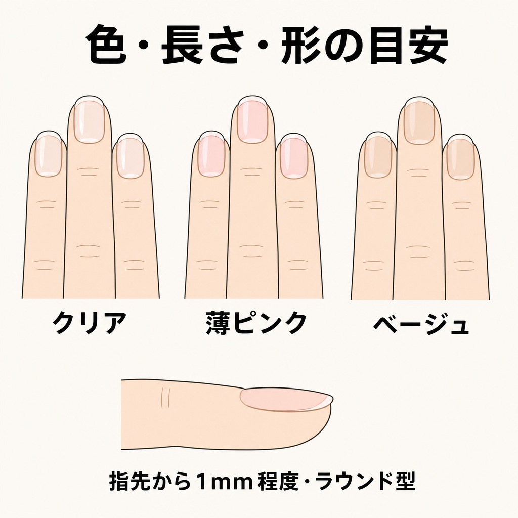 クリア・薄ピンク・ベージュの短いラウンド型の爪を並べたイラスト