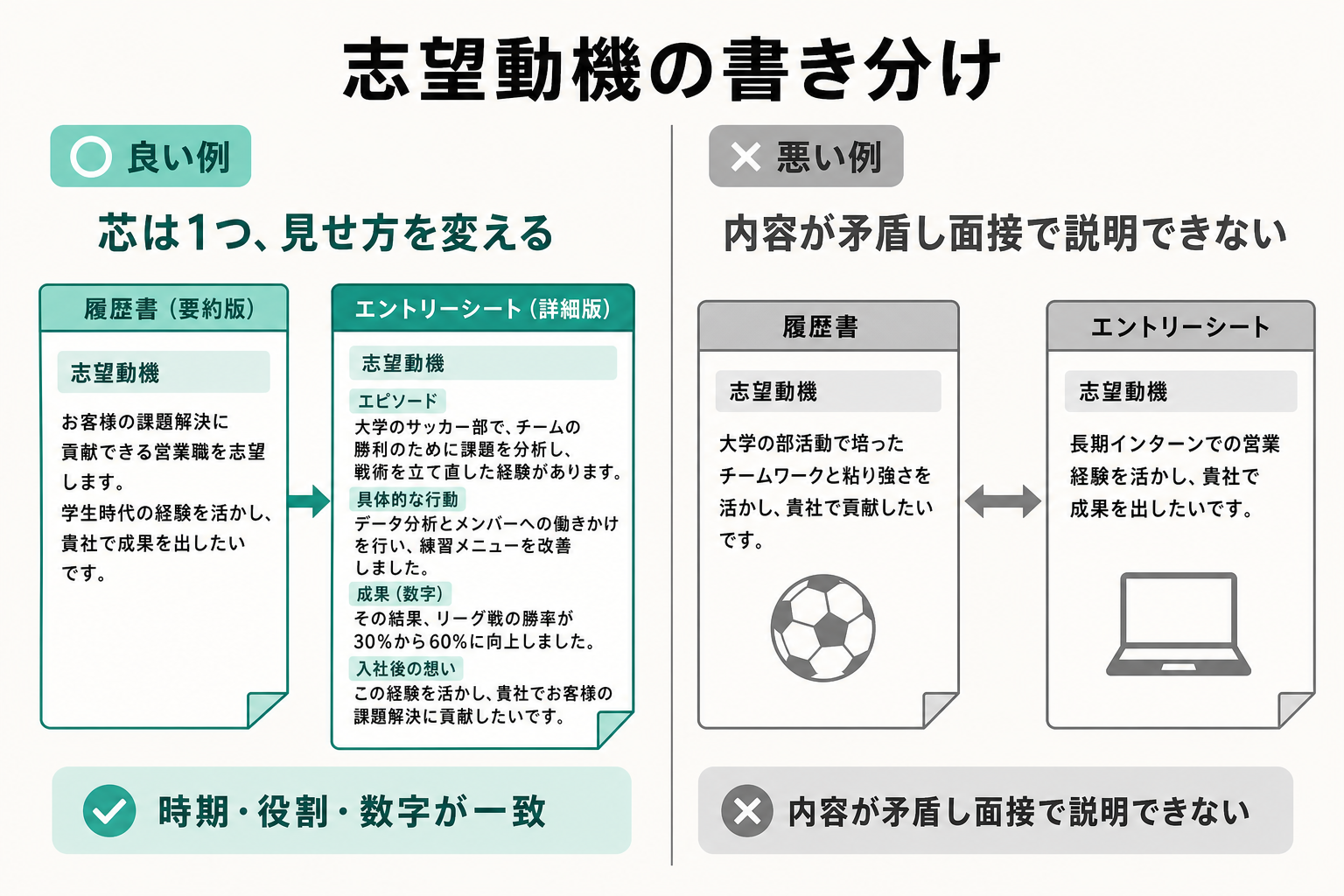 志望動機を要約版と詳細版で書き分ける良い例と、内容が矛盾する悪い例の比較図