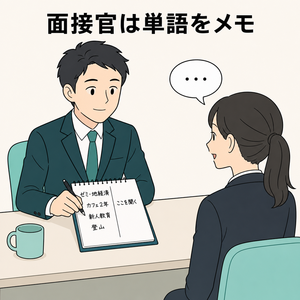 学生の自己紹介から単語を書き取り、深掘り質問を準備する面接官のイラスト
