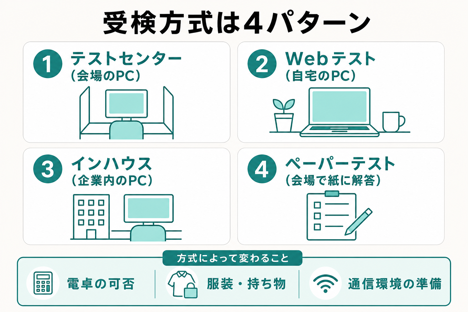 テストセンター・Webテスト・インハウス・ペーパーの4つの受検方式と注意点をまとめた図