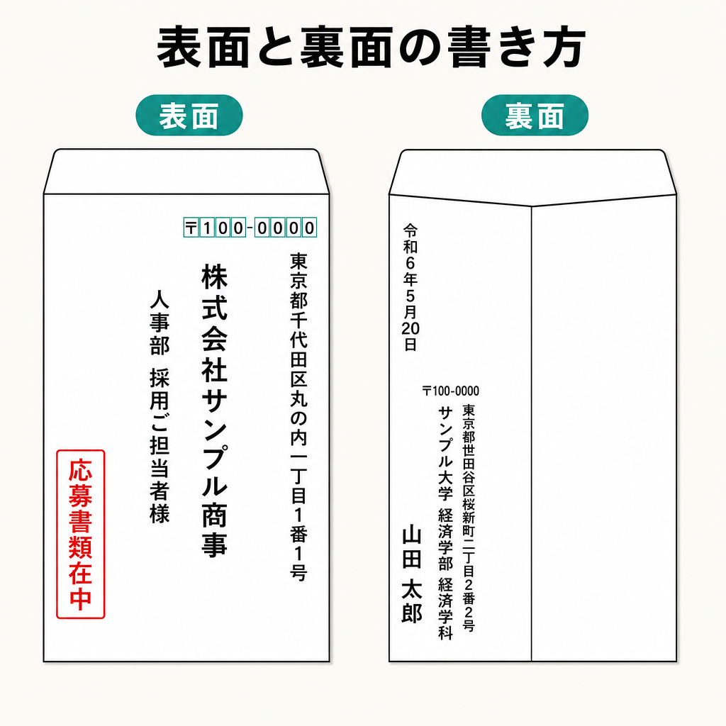 就活封筒の表面と裏面に書く項目の配置を示したイラスト