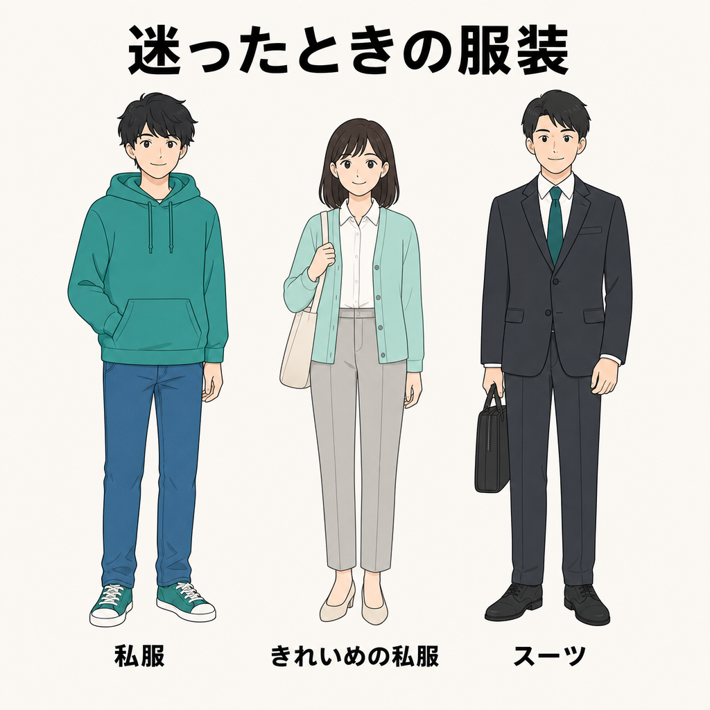 私服・きれいめの私服・スーツの3パターンを並べたテストセンターの服装例のイラスト