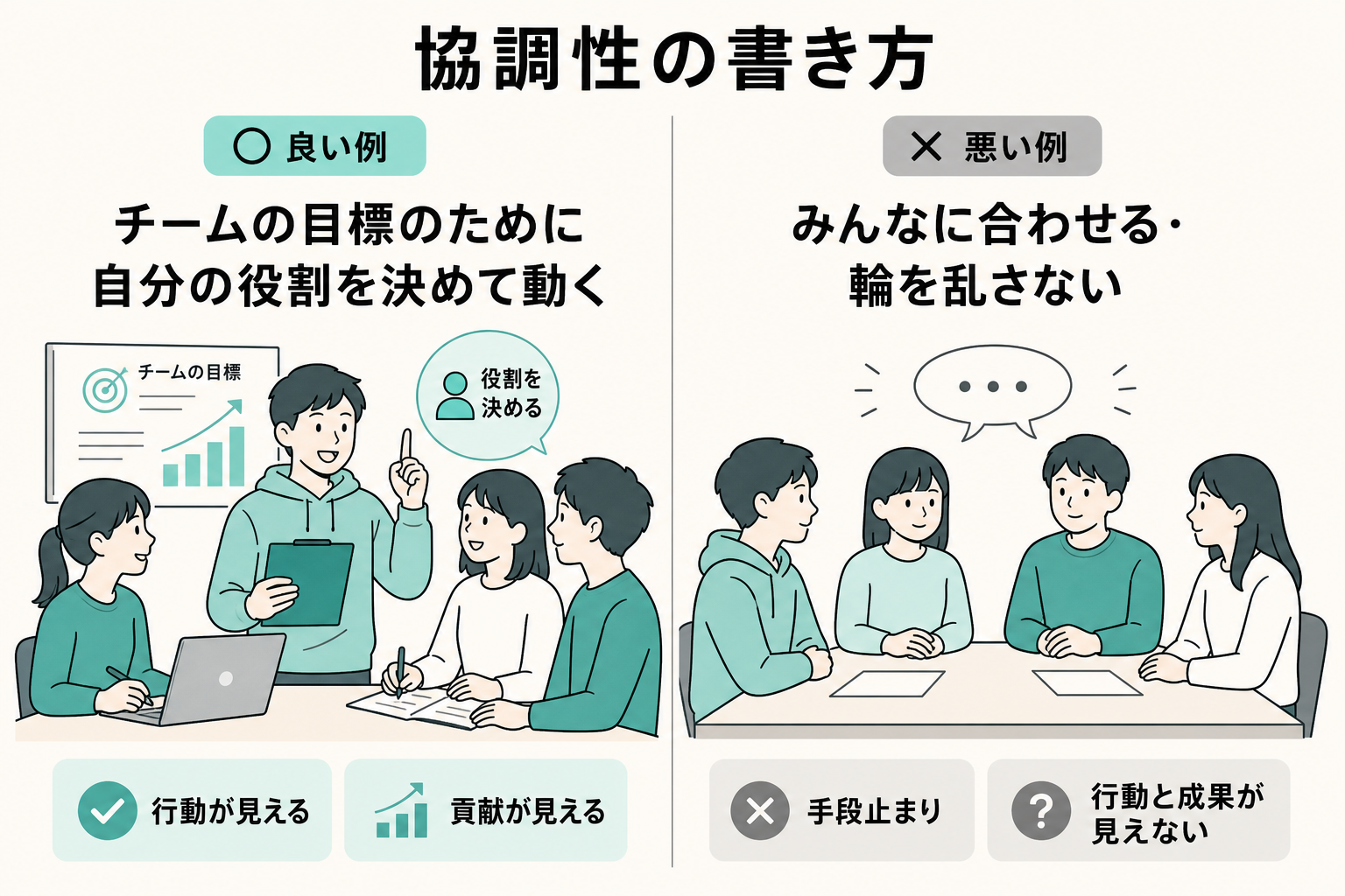 協調性を役割遂行として書く良い例と、合わせる力で終わる悪い例を比較した図